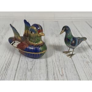 (2) Vintage Cloisonné Miniature Bird & Duck Trinket Box Beautiful Enamel Brass